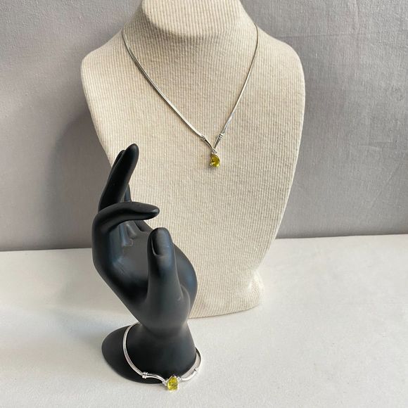 Demi Parure Necklace Bracelet Yellow Teardrop & Rhinestones On Silver Tone Chain - Picture 1 of 15